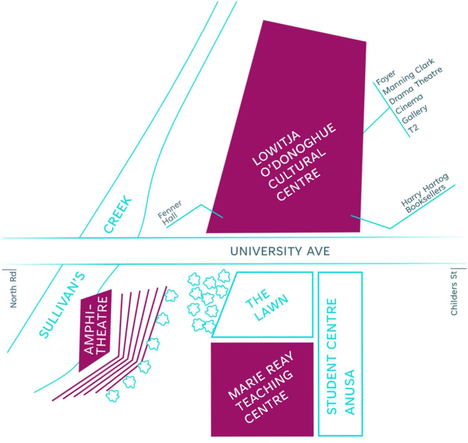 Map showing Kambri precinct with Marie Reay Teaching Centre and Lowitja O'Donoghue Cultural Centre